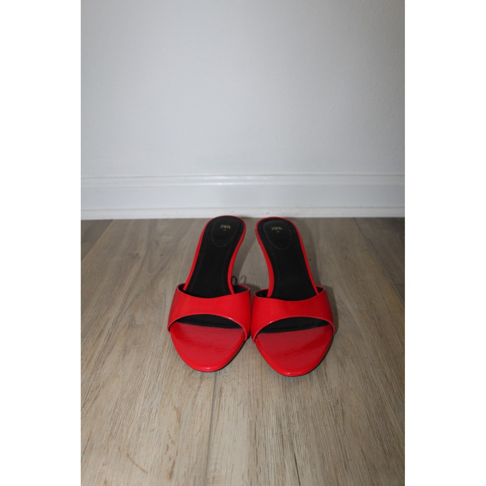 Zara Red Patent Kitten Heel Mules Square Toe Slip On Sandals Size 41